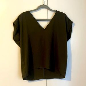 Olive green short sleeve women’s blouse with v neck back